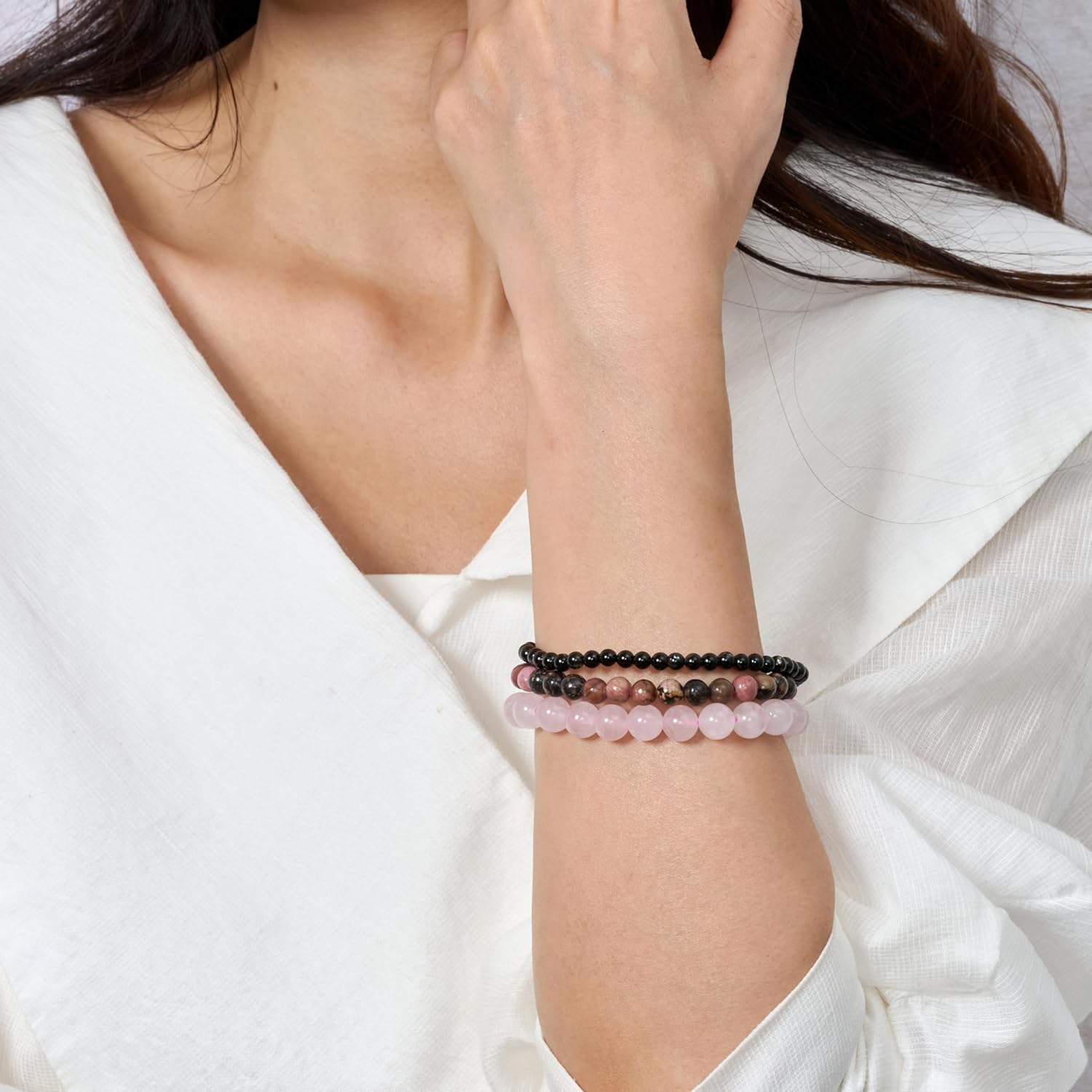 Thumbnail 1 de Bivei 3-teiliges Perlenarmband Damen – Handgefertigtes Heilstein-Set aus Rhodonit, Rosenquarz und Schwarzer Obsidian