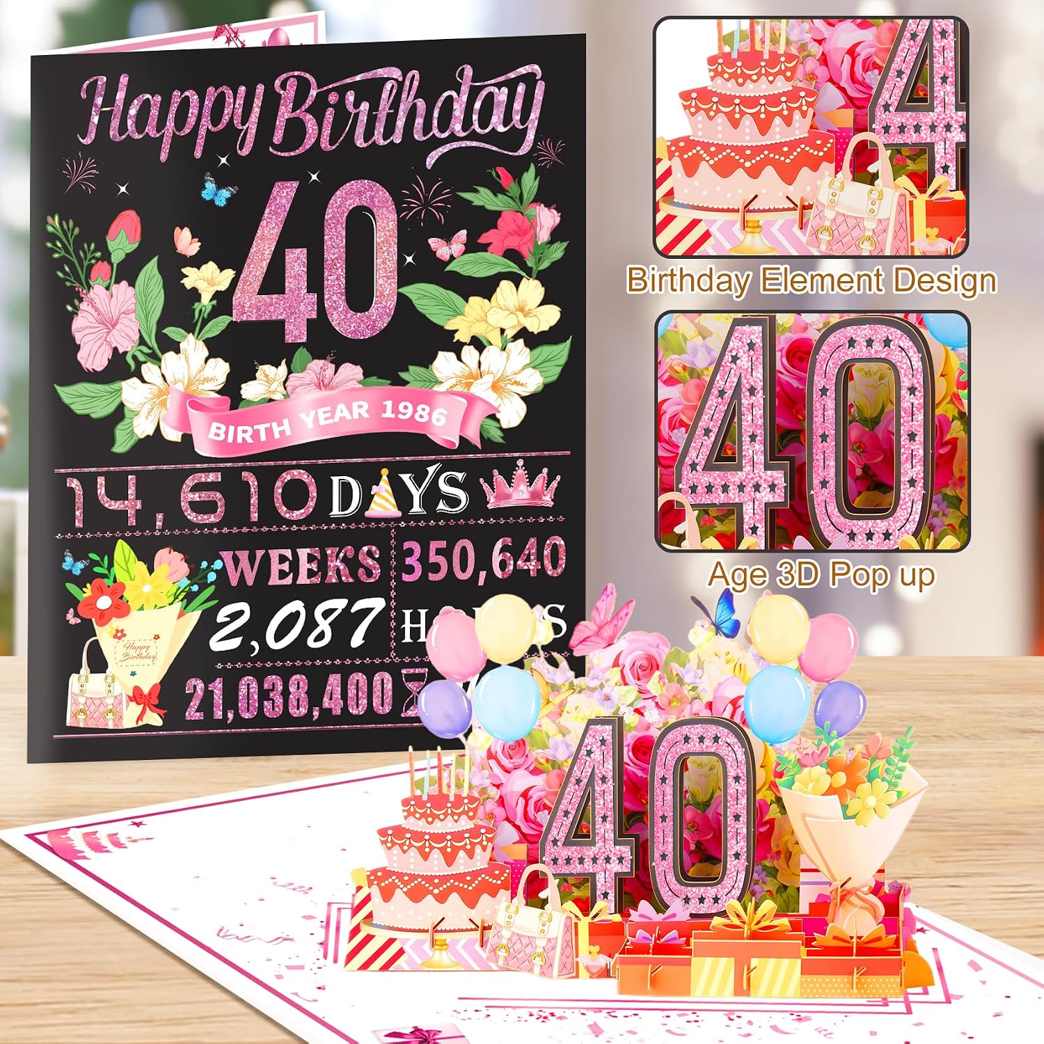Detalle de Awrmoo 40th Birthday Cards for Women – 3D Pop Up 40 Symbol in Rose Gold, with Hot Stamping Cover