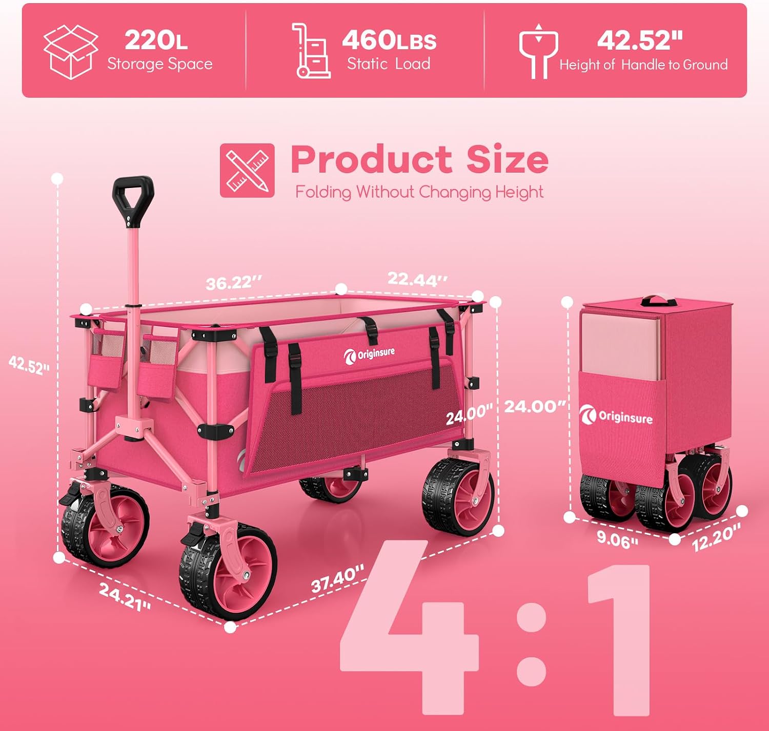 Detalle de Originsure FW220BLACK-3001-CA-Pink 220L Folding Wagon with All-Terrain Wheels