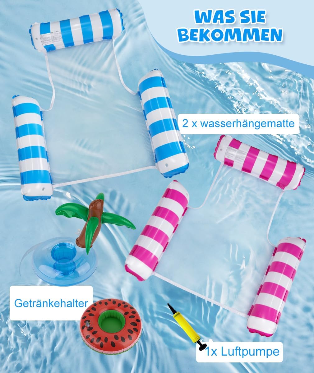 Detalle de Cadoal 2er Set Wasser-Luftmatratzen mit Luftpumpe und Getränkehaltern – 4-in-1 Wasserhängematte für Pool & Strand