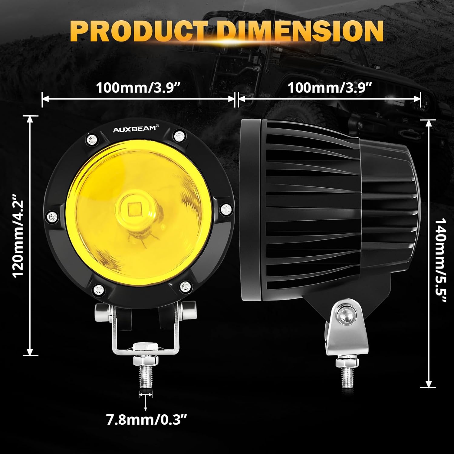 Thumbnail 5 de Auxbeam C4 Series 4-Inch Amber LED Pods (2-Pack) — Offroad Driving Lights with 72W, IP67, 50,000-Hour Lifespan