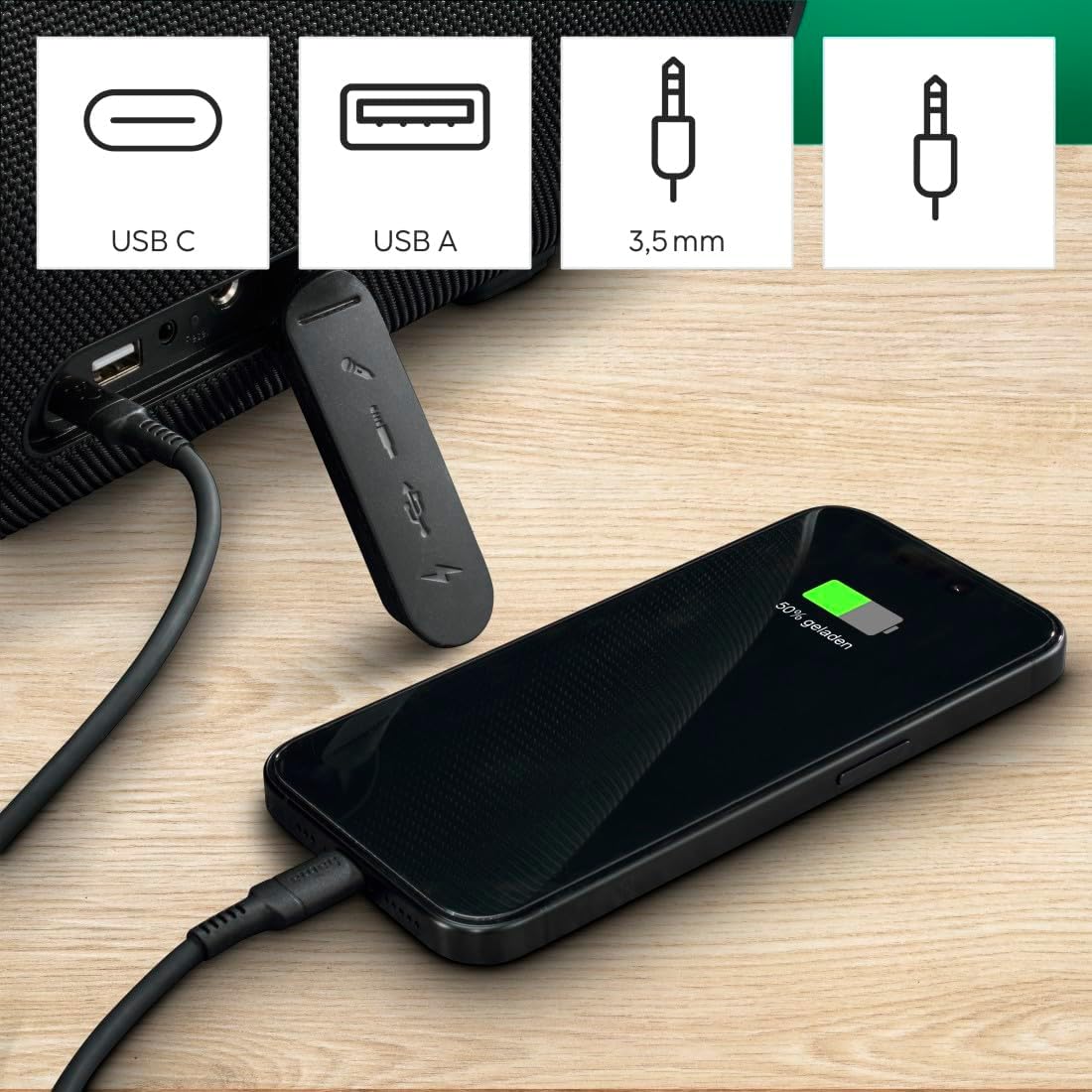 Detalle de Hama Bluetooth Lautsprecher Outdoor 120W (IPX6, App, 24h Akku, TWS, USB-C/3,5 mm/6,3 mm) schwarz