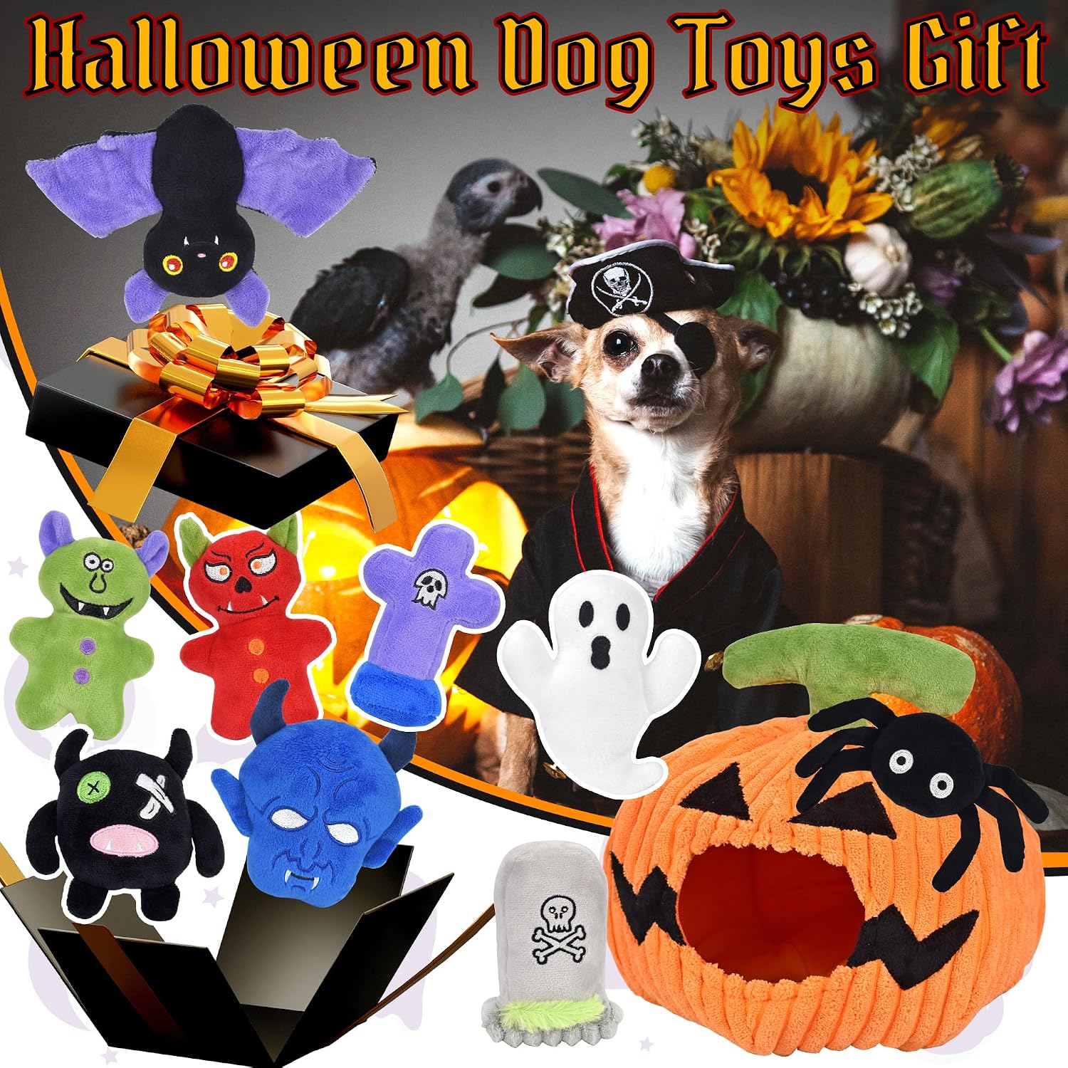 Thumbnail 6 de LECHONG Halloween Dog Toys Set, 11 Squeaky Toys with Pumpkin Organizer