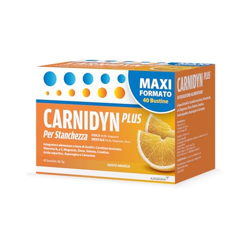 Detalle de Carnidyn Plus Integratore Alimentare con Carnitina, Zinco e Vitamina B5 – Bustine gusto Arancia