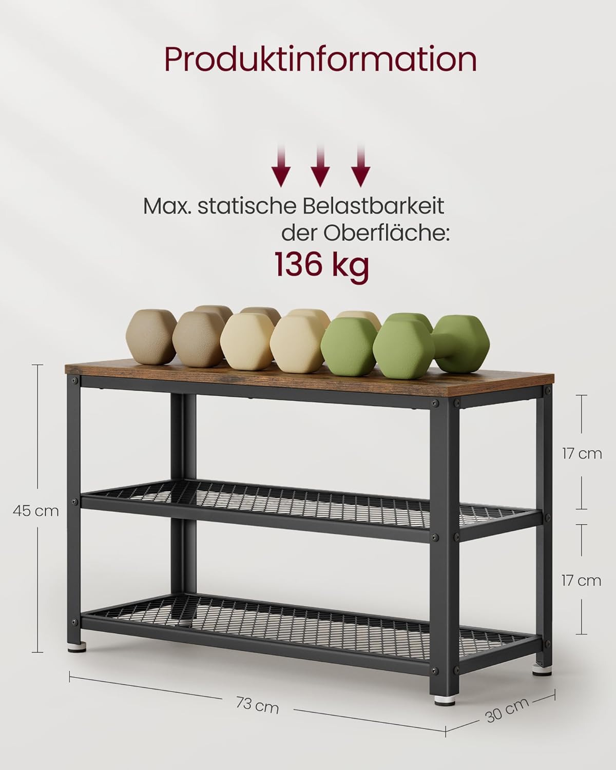 Thumbnail 2 de VASAGLE Schuhbank LBS73X – Schuhregal mit 2 Gitterablagen, 30 x 73 x 45 cm, industriell vintagebraun-schwarz