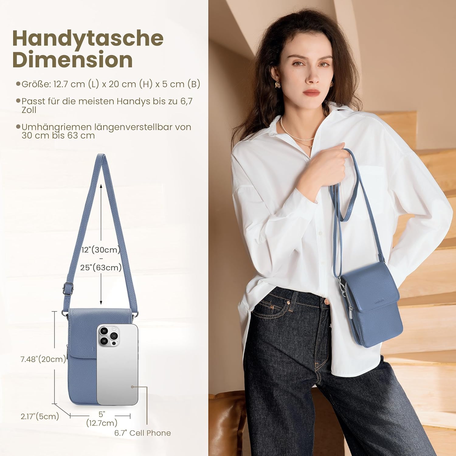 Detalle de befen Echtleder Handytasche zum Unhängen Damen mit RFID-Blockierung und Kartenfächern