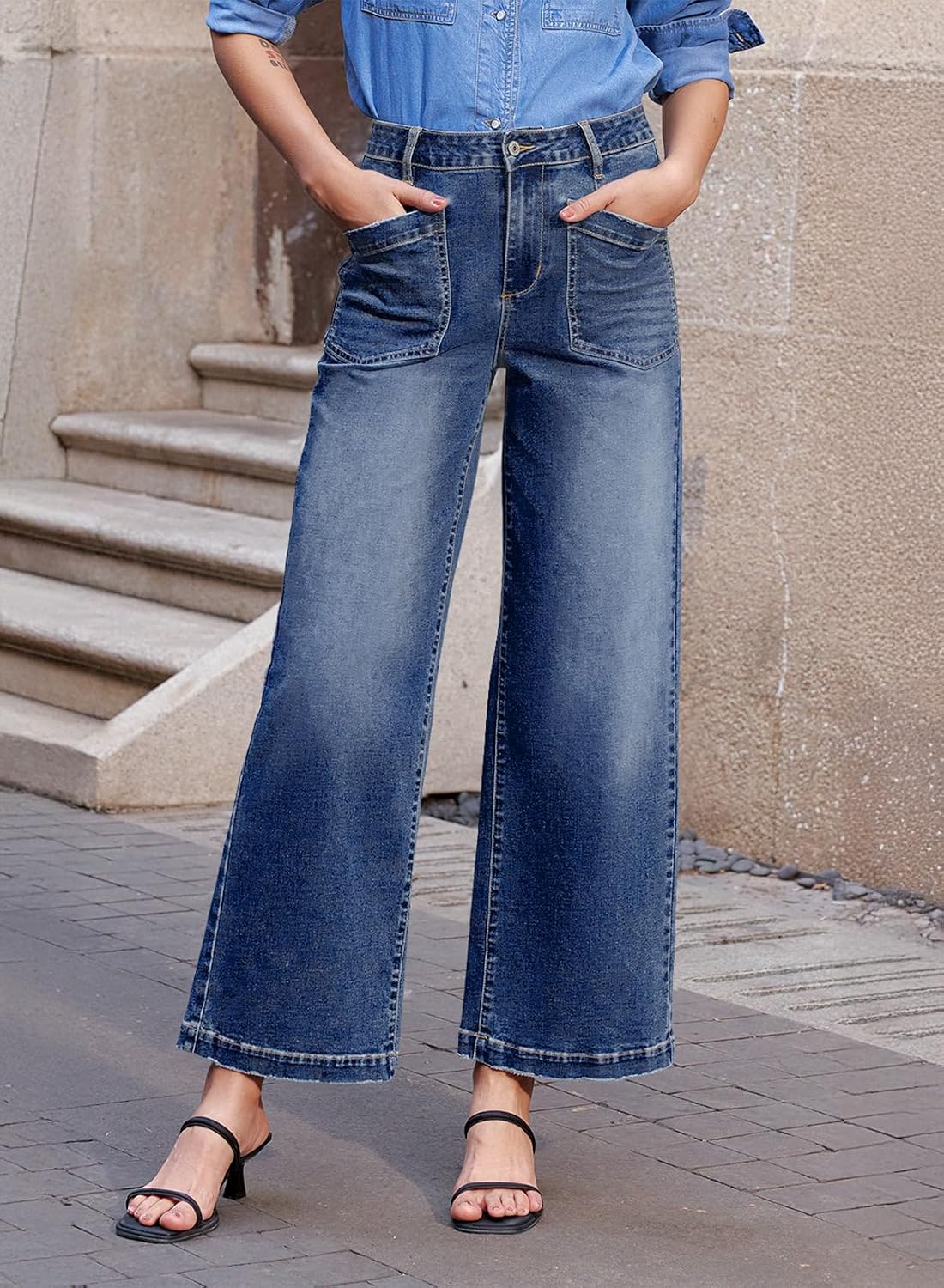 Detalle 2 de Sidefeel Women's Zimbaplatinum Ankle Wide-Leg Stretch Jeans