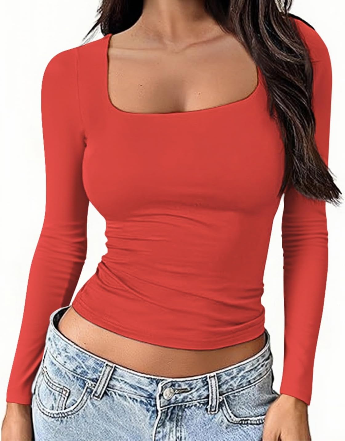 Detalle 2 de OYIGELZ women’s long sleeve crop top with square neck – 95% cotton / 5% spandex stretch base layer