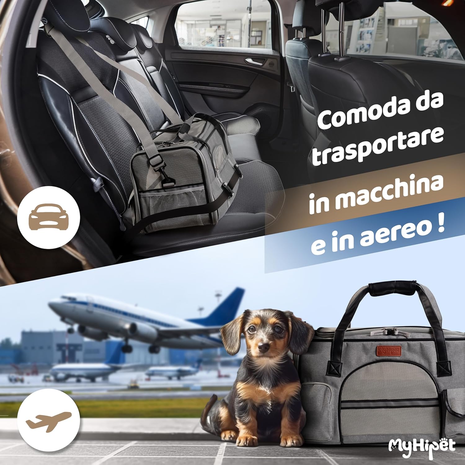 Thumbnail 6 de MyHiPet Trasportino per gatti e cani grande in Oxford 300D 48x28x30 cm grigio, con doppia apertura