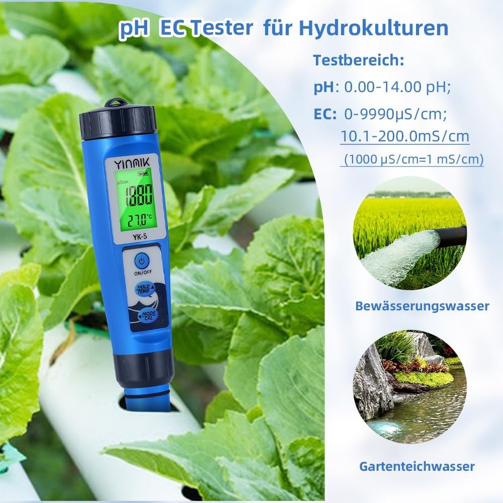 Detalle 2 de Salzwasser Pool Messgerät 5 in 1 – pH, TDS, EC, Salzgehalt und Temperatur mit LCD-Display