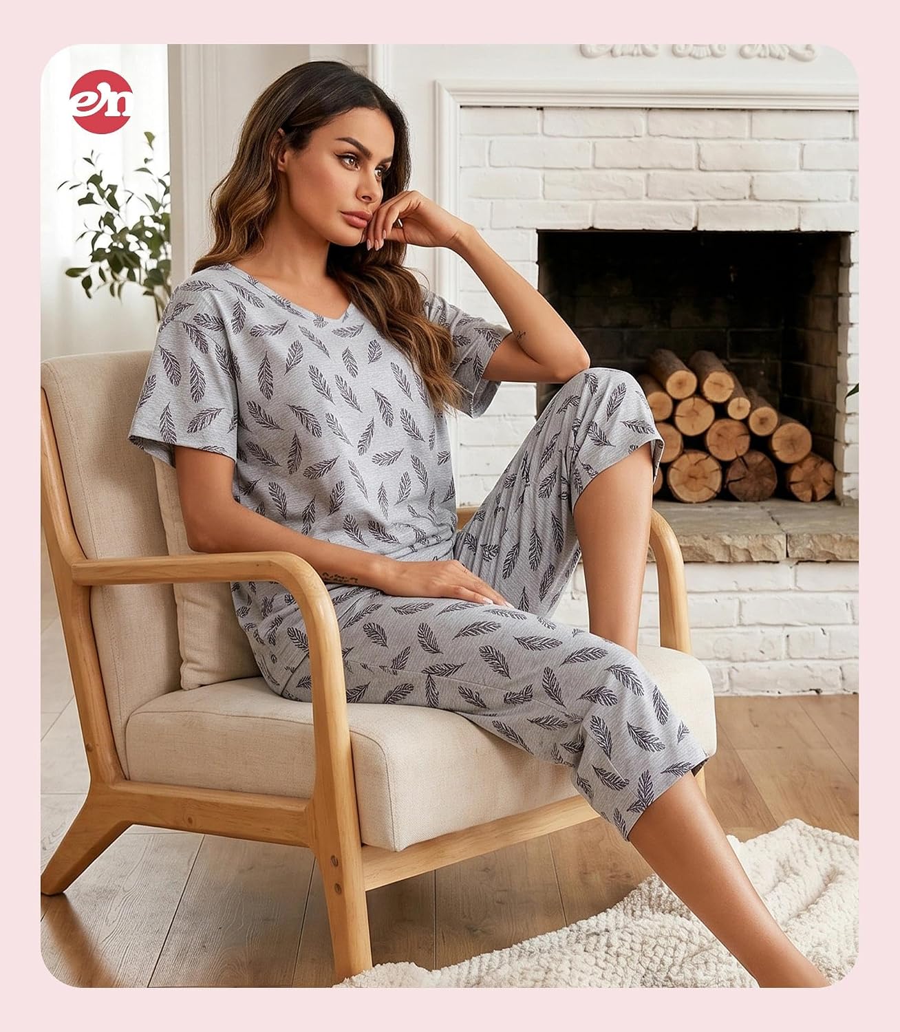 Detalle de ENJOYNIGHT Women's Cotton Pyjama Set, V-Neck Top and Capri Pants