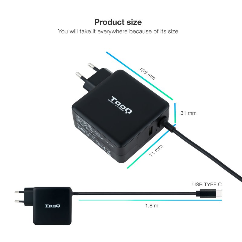 Detalle 2 de TooQ TQLC-USBC65PD Cargador USB-C PD 65W negro