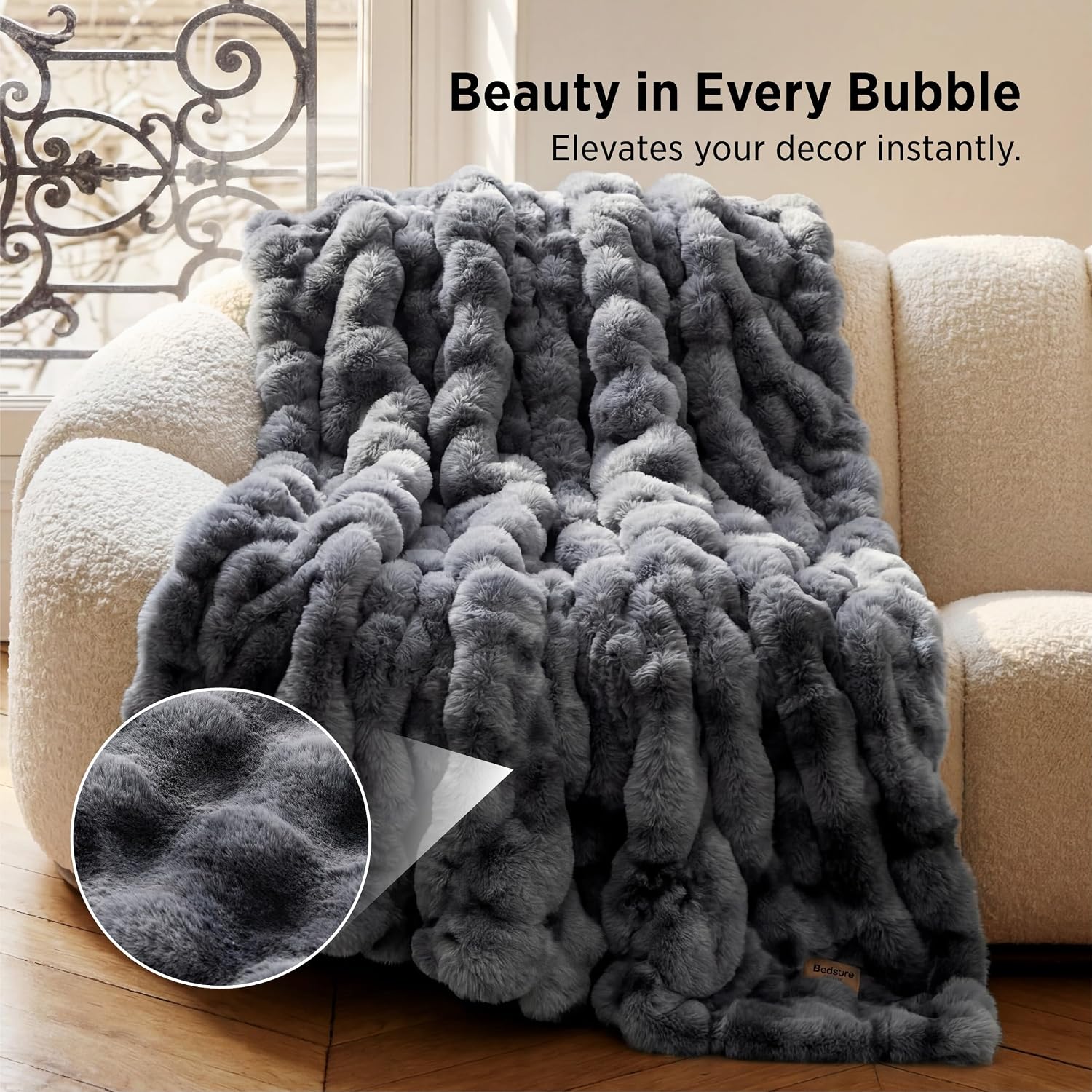Detalle 2 de Bedsure Fluffy Bubble Faux Fur Throw Blanket, 50" x 70", Tie-Dye Gray
