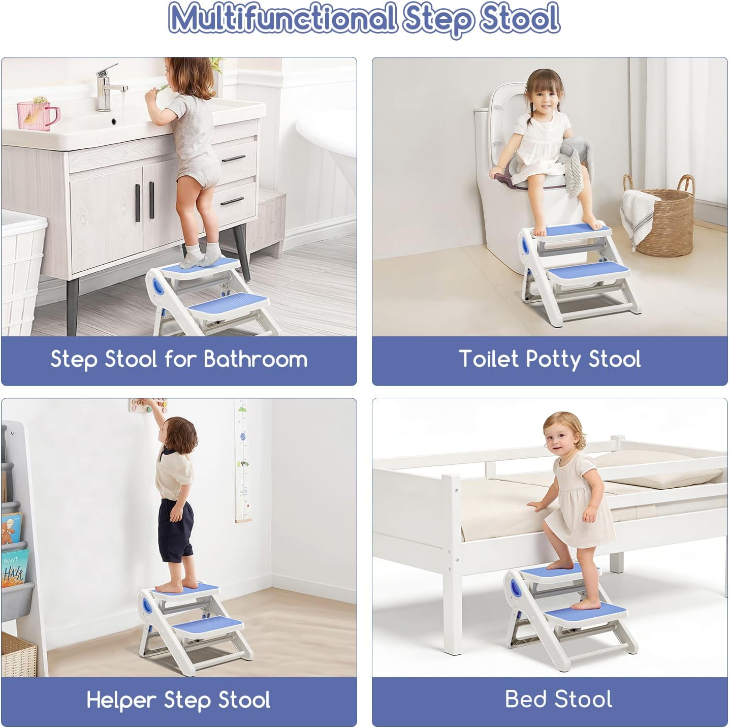 Detalle 2 de MoreFeel 8106 Foldable 2-Step Toddler Stool, Blue Non-Slip Helper