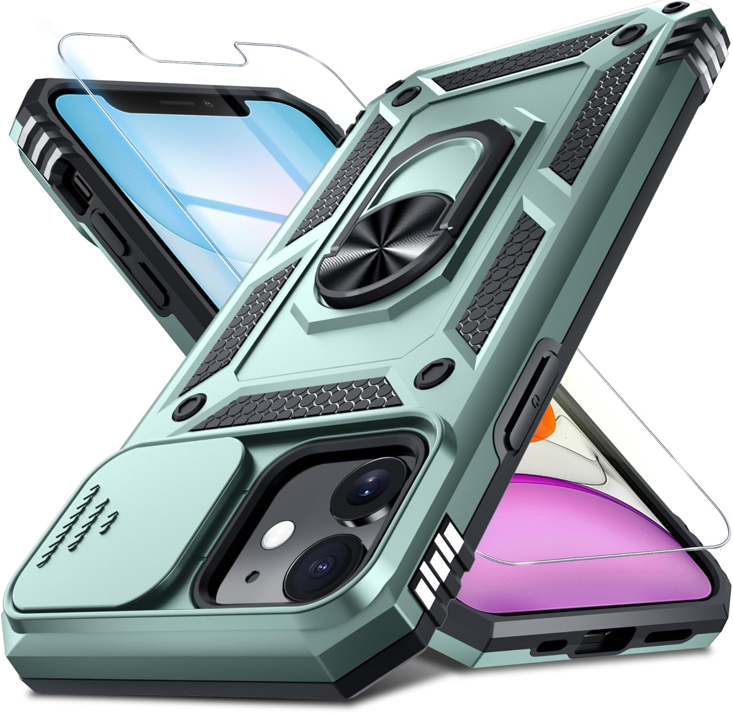 Detalle de Janmitta Dark Green iPhone 11 Case with Slide Camera Cover, Tempered Glass Screen Protector, Ring Kickstand