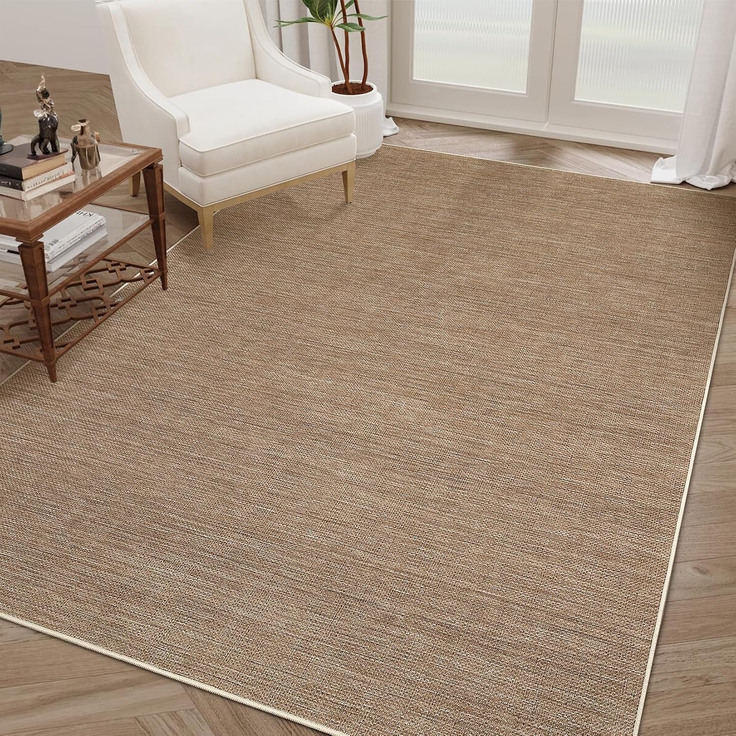 Detalle de GarveeHome Solid Rug Tan 5x7 Area Rug, Washable Low-Pile Polyester