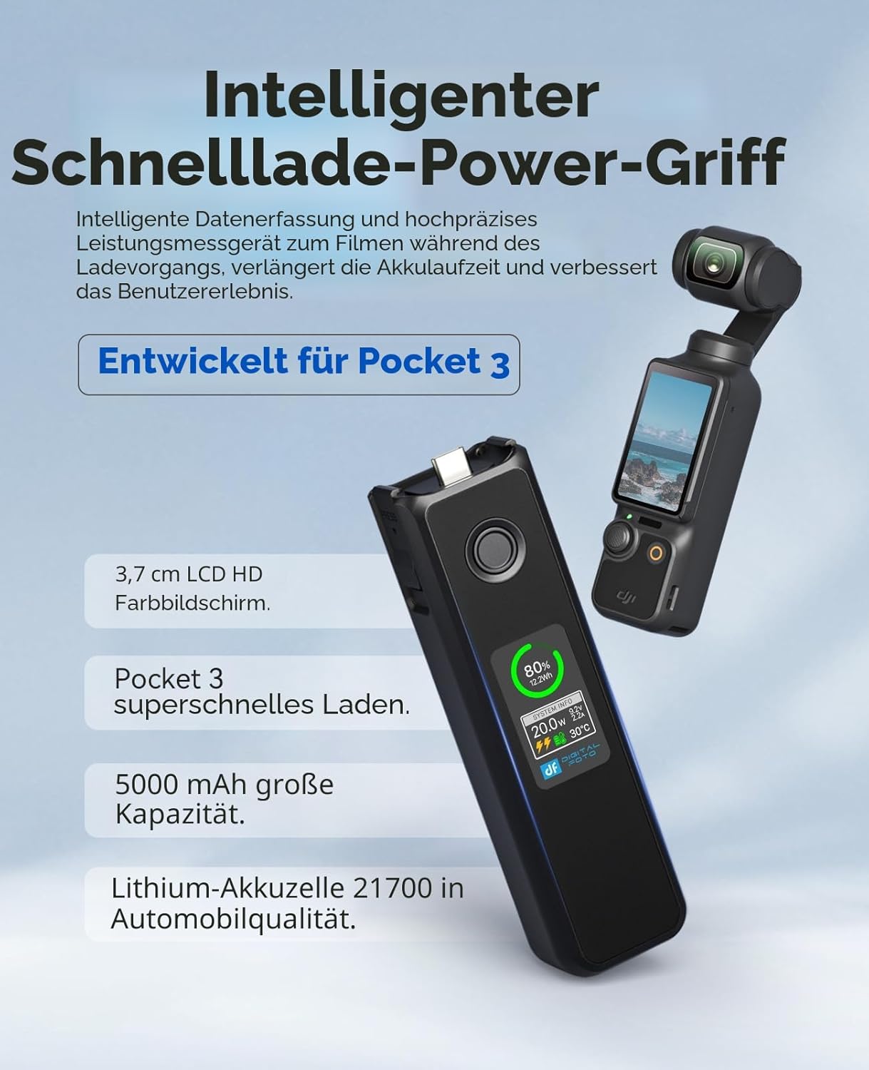 Detalle de Osmo Pocket 4/3 Akku 5000 mAh – 20 W Schnelllade-Batteriegriff für DJI Pocket 3/4 mit LCD-Display