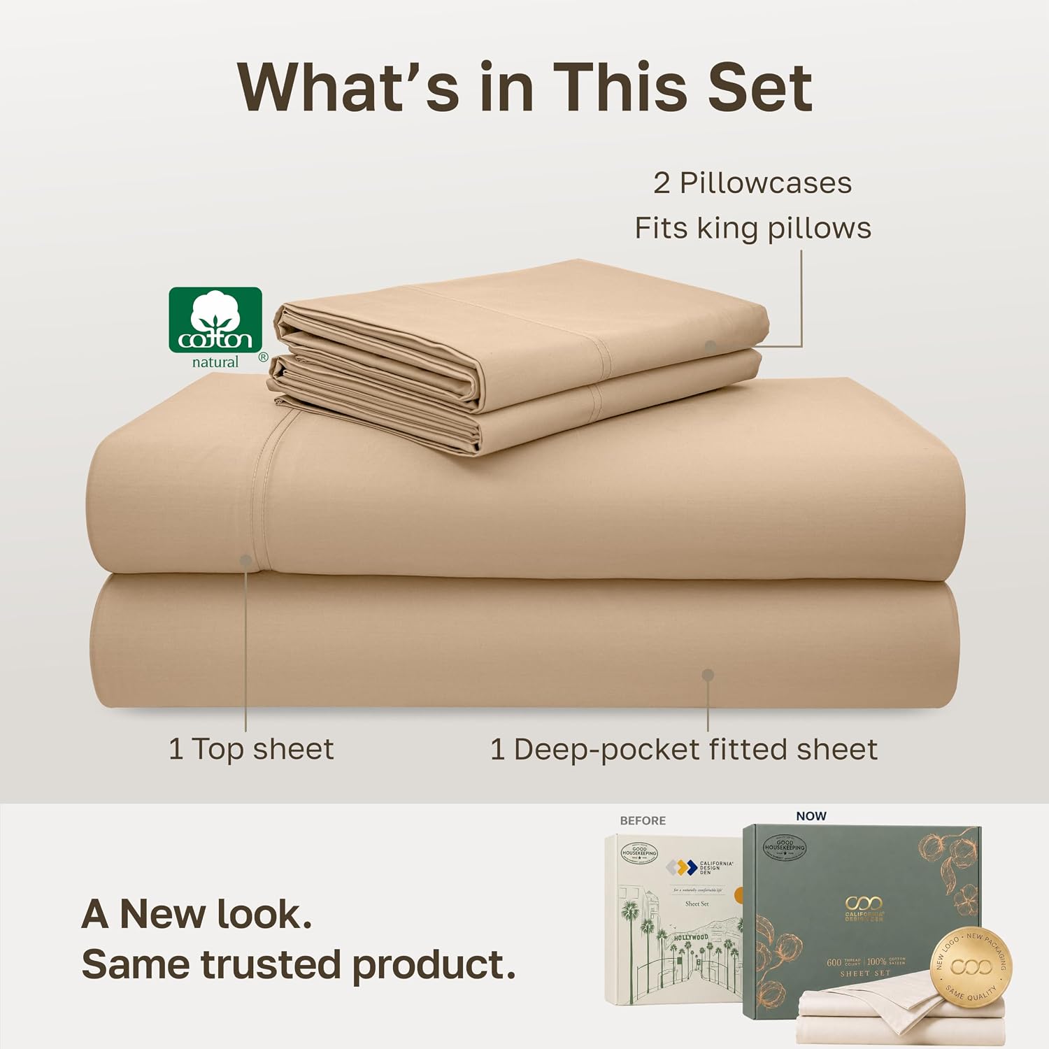 Detalle de California Design Den 600 Thread Count King Cotton Sateen Sheet Set, Golden Tan