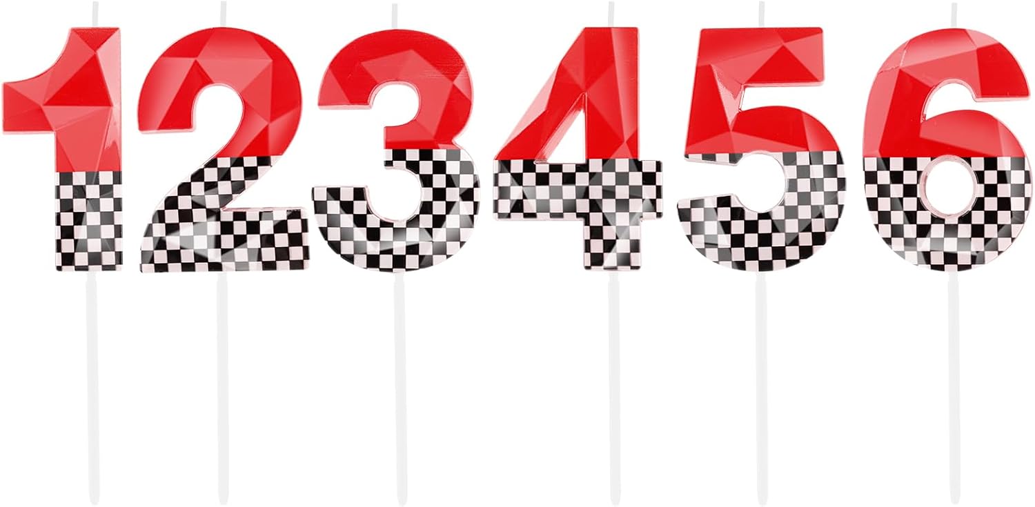 Thumbnail 5 de Hongplus 3D Racing Cars themed birthday candles (includes number 2 candle) – black, white checkered & red cake topper