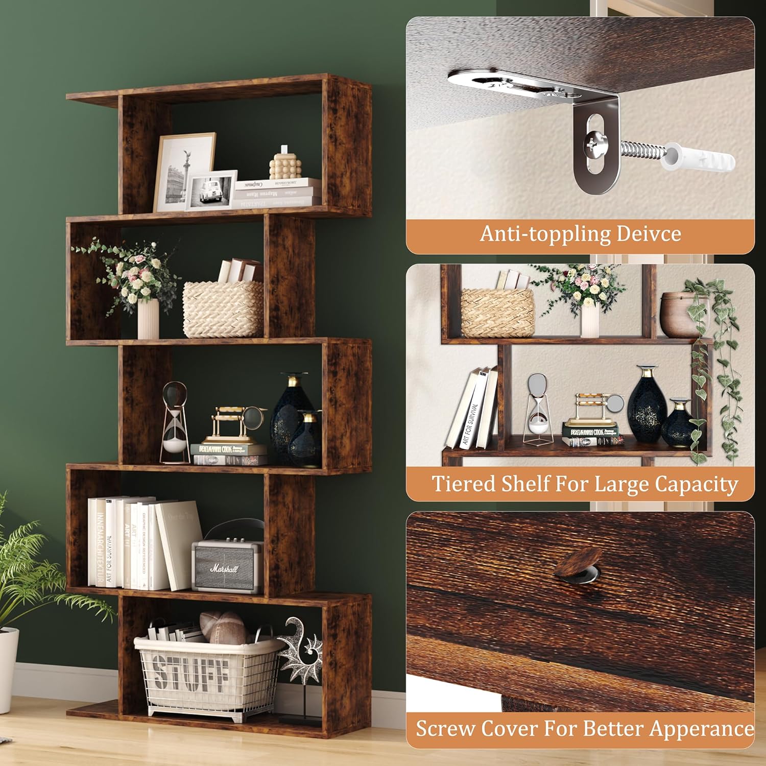 Detalle de Yusong S-Shaped 5-Tier Bookshelf, Rustic Brown Geometric Display Shelf