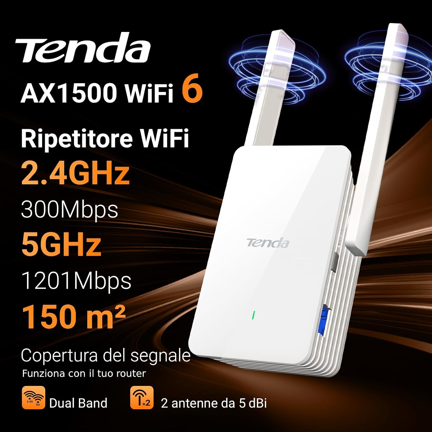 Thumbnail 1 de Tenda Ripetitore WiFi 6 A23 (AX1500): espansione dual-band con porta Gigabit e installazione facile