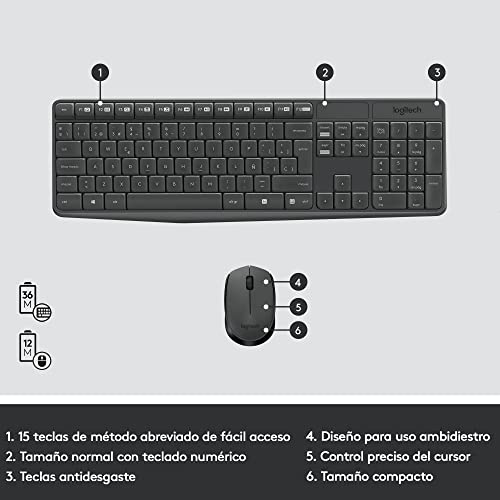 Detalle de Logitech MK235 Combo: Teclado y Ratón Inalámbricos para Windows, conectividad 2,4 GHz y batería de larga duración
