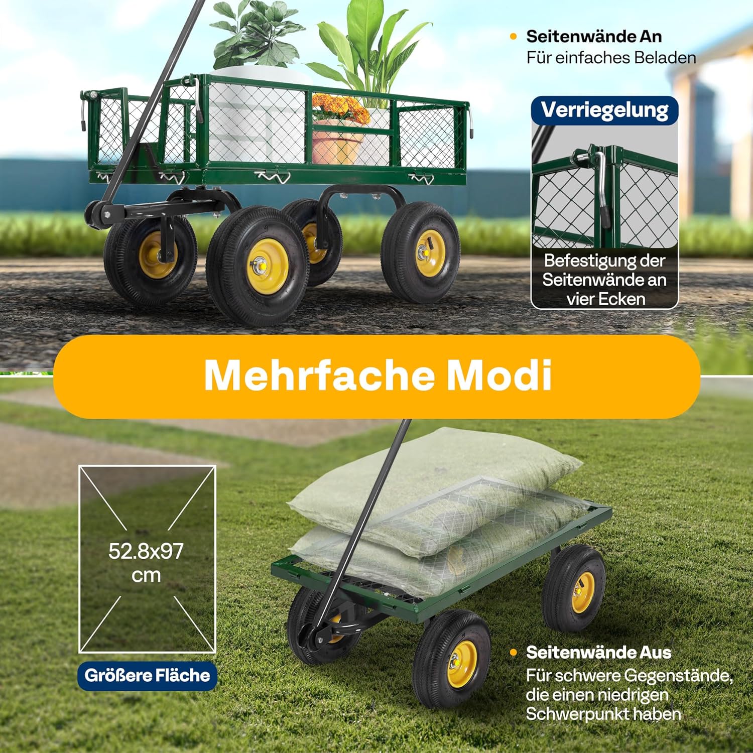 Thumbnail 2 de VIVOHOME Gartenwagen mit abnehmbaren Seiten und Luftreifen, Transportwagen bis 400 kg mit 180° drehbarem Griff