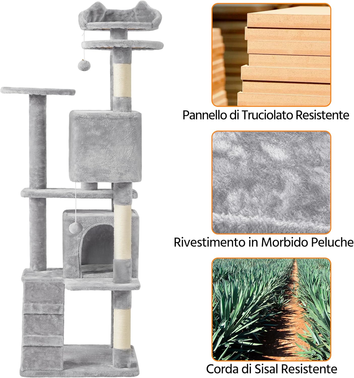 Thumbnail 5 de Yaheetech Albero tiragraffi per gatti da 178 cm con 3 tiragraffi, 3 posatoi e corda/sisal