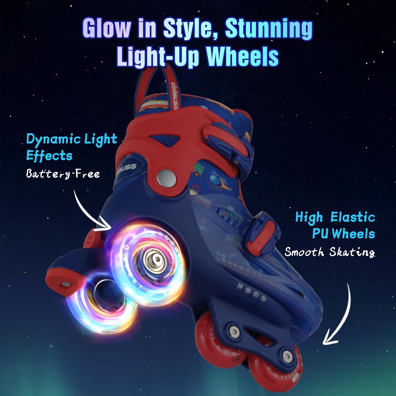 Detalle de ZOOBLISS Kids Roller Skates for Beginners (4-Size Adjustable, Tri-Wheel Training, Light-Up Wheels) for Ages 3-7