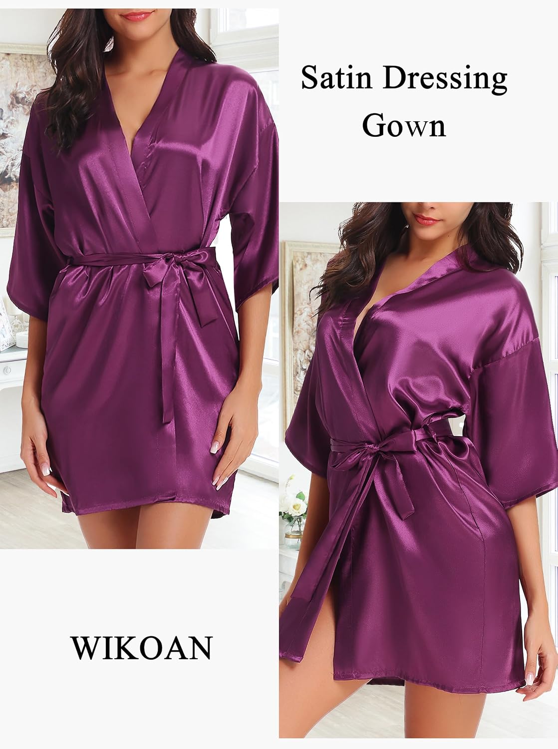 Detalle 2 de Wikoan Peignoir satin femme à manches 3/4 et col V (robe de chambre kimono)