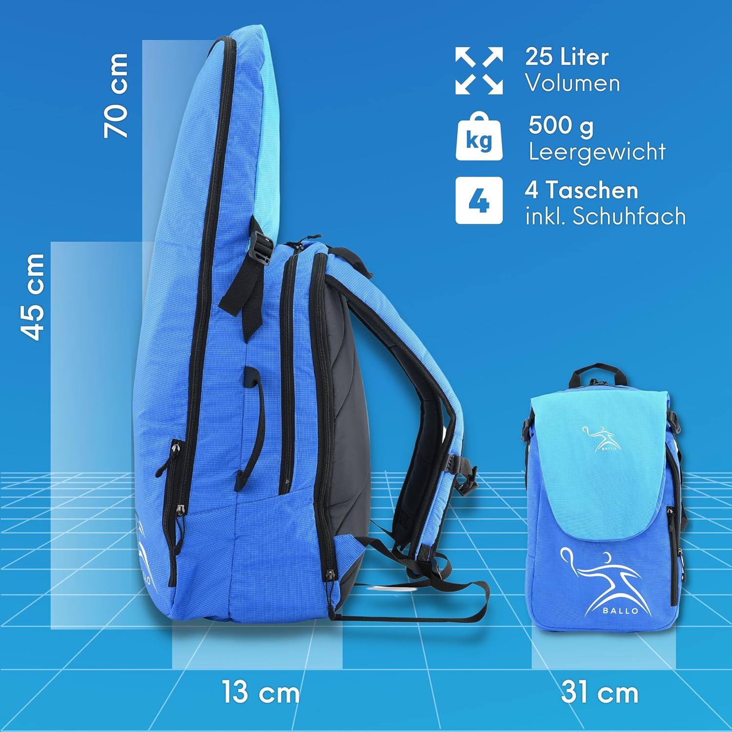 Detalle de BALLO® Tennisrucksack / Tennistasche mit Schuhfach und geschlossener Schlägerfach – für Tennis & Badminton