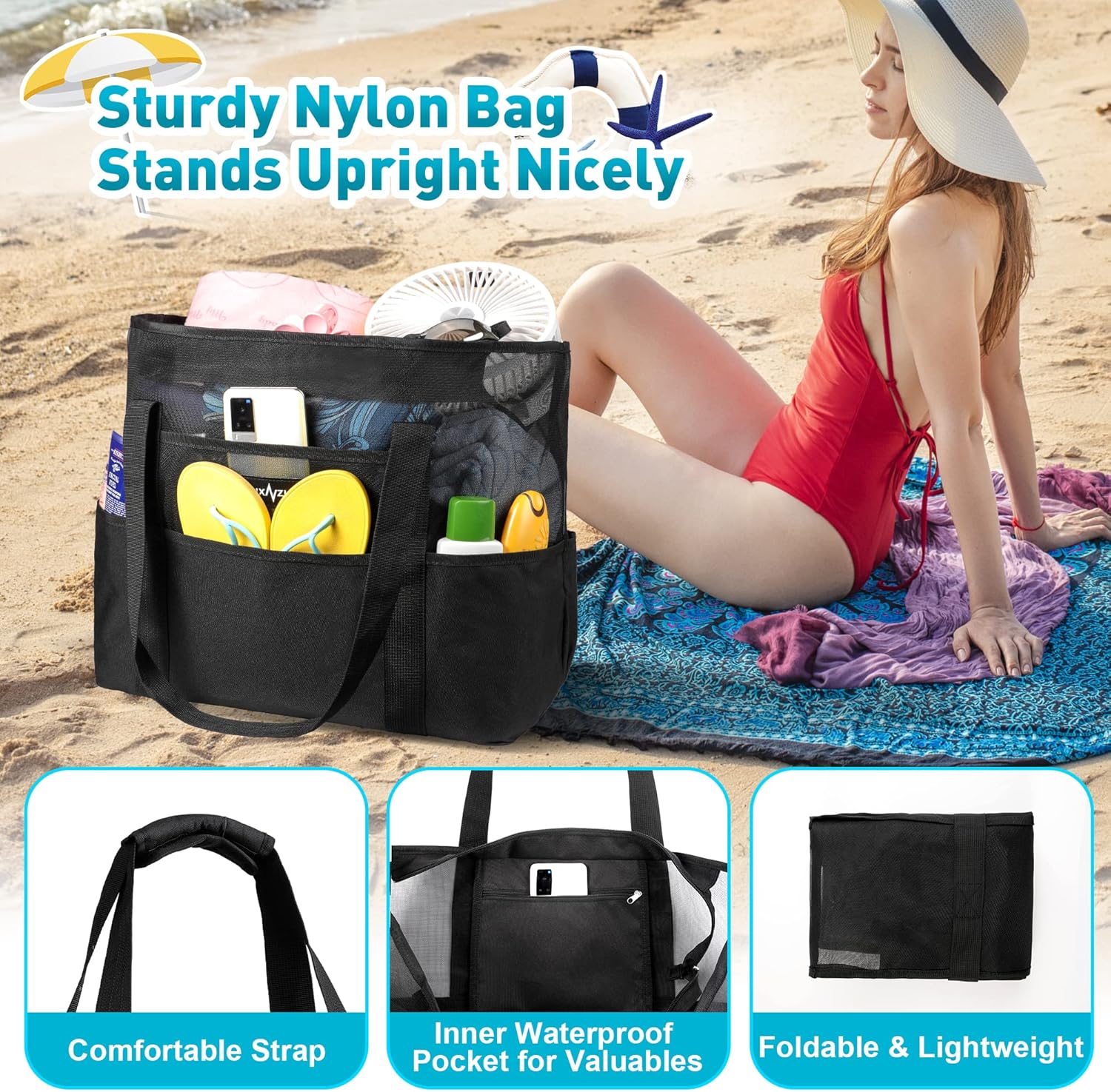 Detalle de ZUXNZUX Mesh Strandtasche XXL Familie – faltbar, wasserdicht, ultraleicht