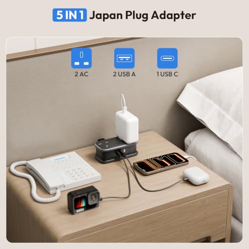 Detalle de NTONPOWER UK to Japan Plug Adapter with 1.2M Extension Cable — 5-in-1 Travel Power Hub for Type A