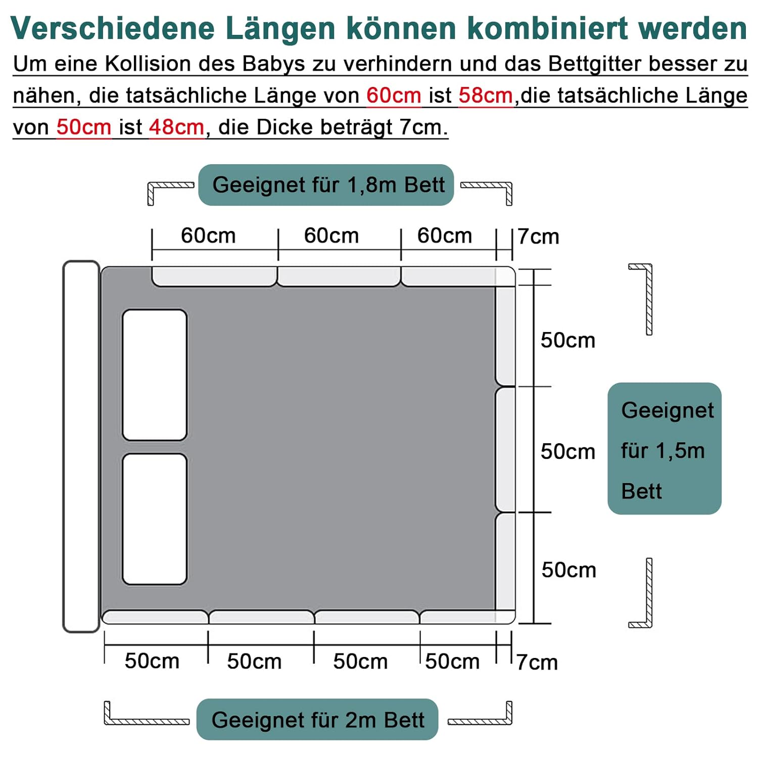 Thumbnail 2 de HENGMEI Bettgitter 180 cm – höhenverstellbares Absturzschutzgitter in Leinengrau