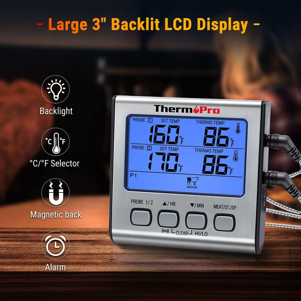 Detalle 2 de ThermoPro TP17 digitales Grillthermometer mit zwei Edelstahlsonden und blauem Hintergrunddisplay (bis 300 °C)