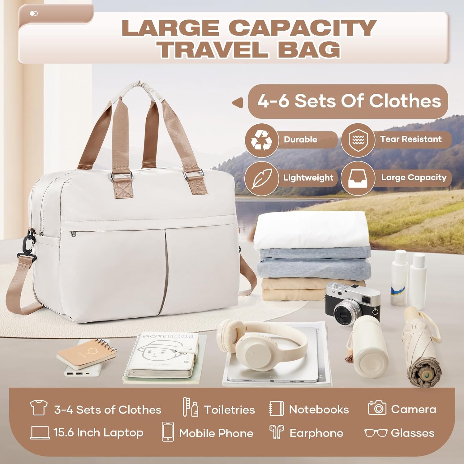 Thumbnail 4 de Reisetasche Damen 45×36×20 Easyjet Handgepäck Tasche Dufflebag/Weekender 10 cm erweiterbar (wasserfest) – D1-Beige braun