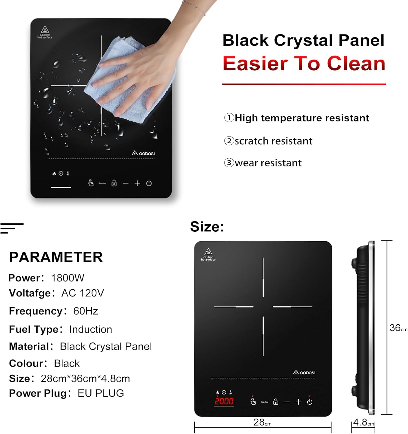 Thumbnail 4 de AAOBOSI Induktionskochplatte 1 Platte (2000 W) mit Booster, LED-Display und 10 Leistungs-/Temperaturstufen