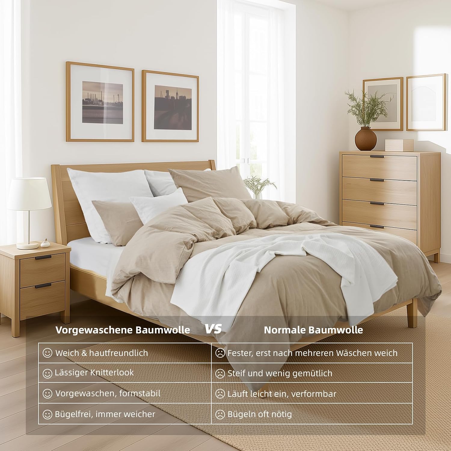 Detalle de Duvetnova Bettwäsche 200x220 aus vorgewaschener Baumwolle mit Leinenstruktur (Beige), 2 Kissenbezüge 80x80