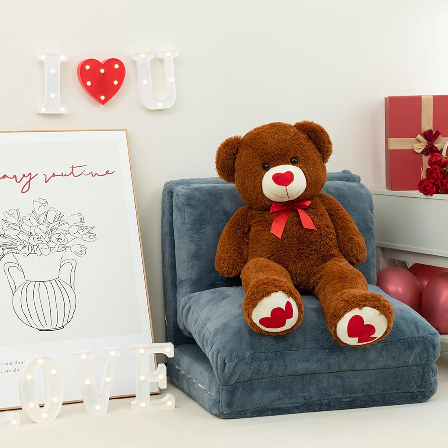 Thumbnail 3 de BEJOY Ours en peluche géant 91 cm – Ours marron doux avec cœurs rouges et nœud satiné