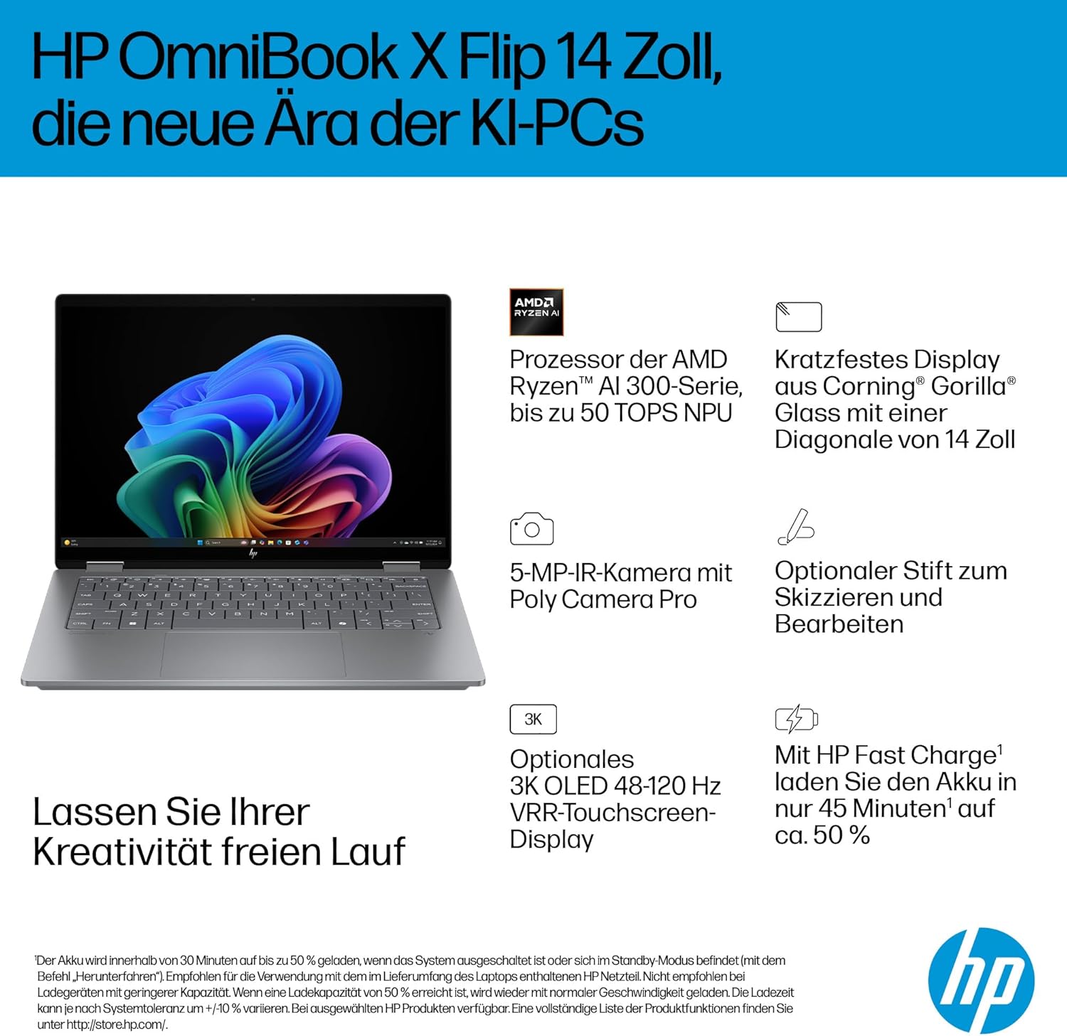 Thumbnail 1 de HP OmniBook X Flip 14 2-in-1 (AMD Ryzen AI 7 350, KI-NPU, Copilot+ PC) – silber, Touch 14" (Win11)