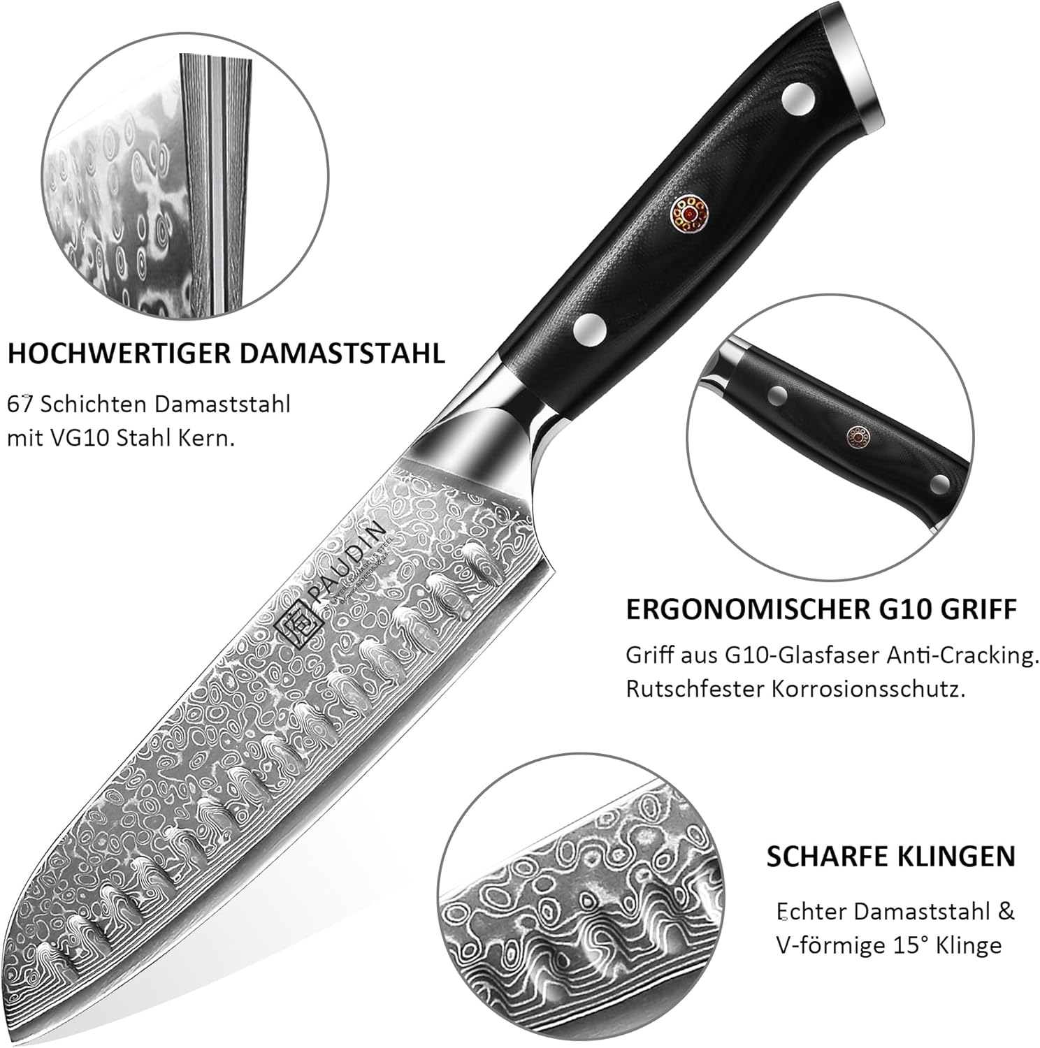 Detalle de PAUDIN Santokumesser Damastmesser 17 cm – 67-lagiger Damaststahl mit VG10-Kern und G10-Griff