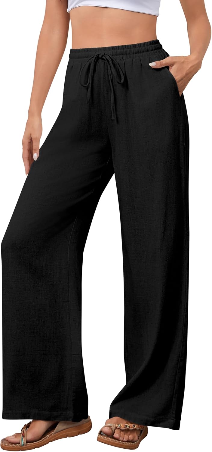 Detalle de hellobaby Women's Cotton-Linen Palazzo Pants, Wide Leg with Drawstring Waist