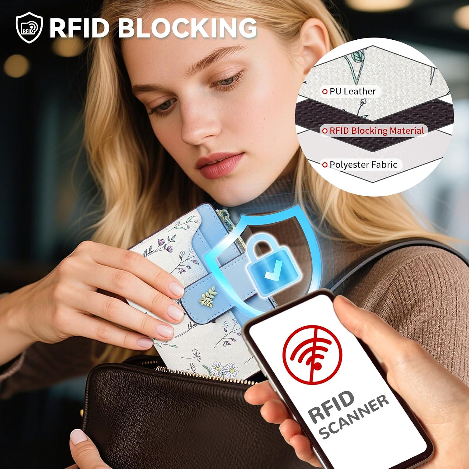 Detalle de Busnos Purses for Women: Small Blue PU Leather Card Holder Wallet with RFID Blocking