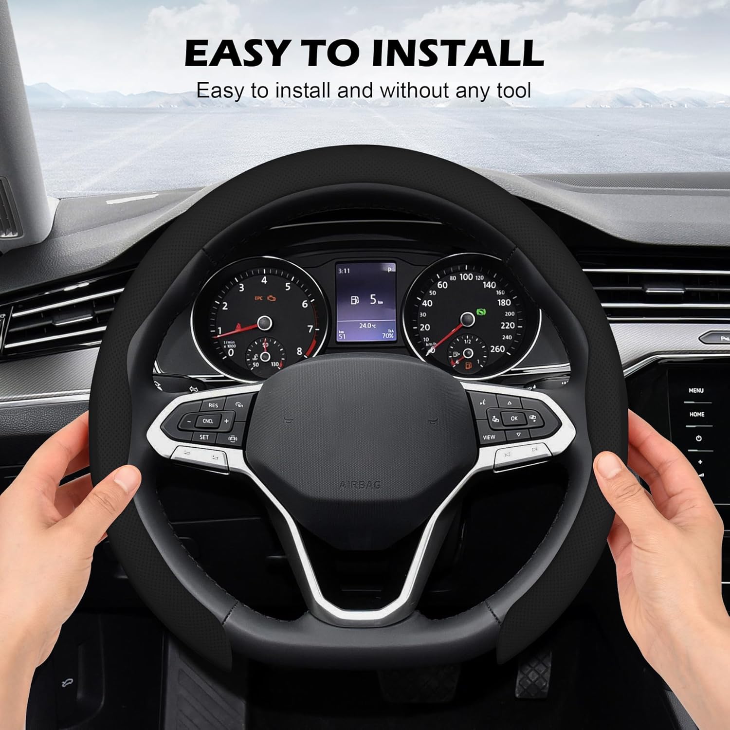 Thumbnail 3 de Frani Nappa Leather Steering Wheel Cover (Universal Fit 15 Inch) — Black Anti-Slip Comfort Grip