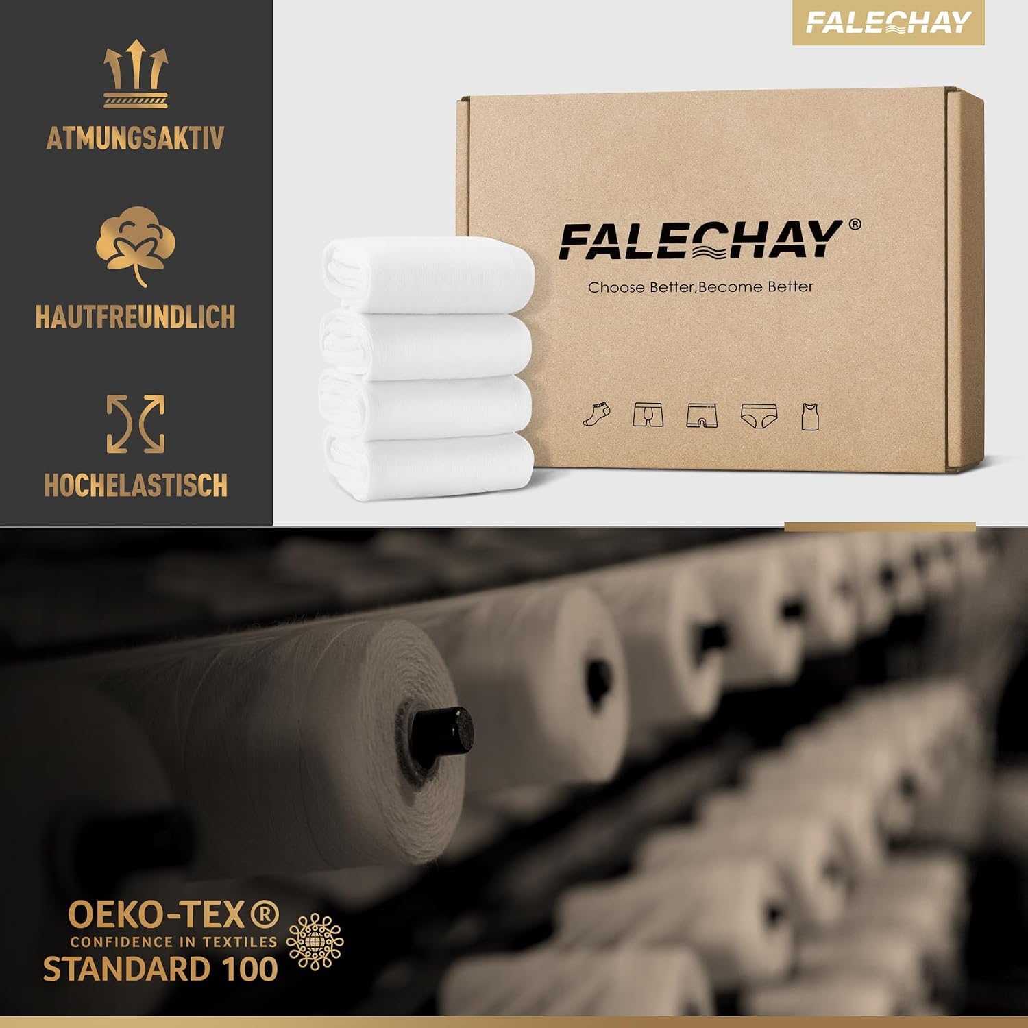Detalle 2 de Falechay Herren Socken 12 Paar Sportsocken Classic Schwarz – Atmungsaktiv, Baumwolle