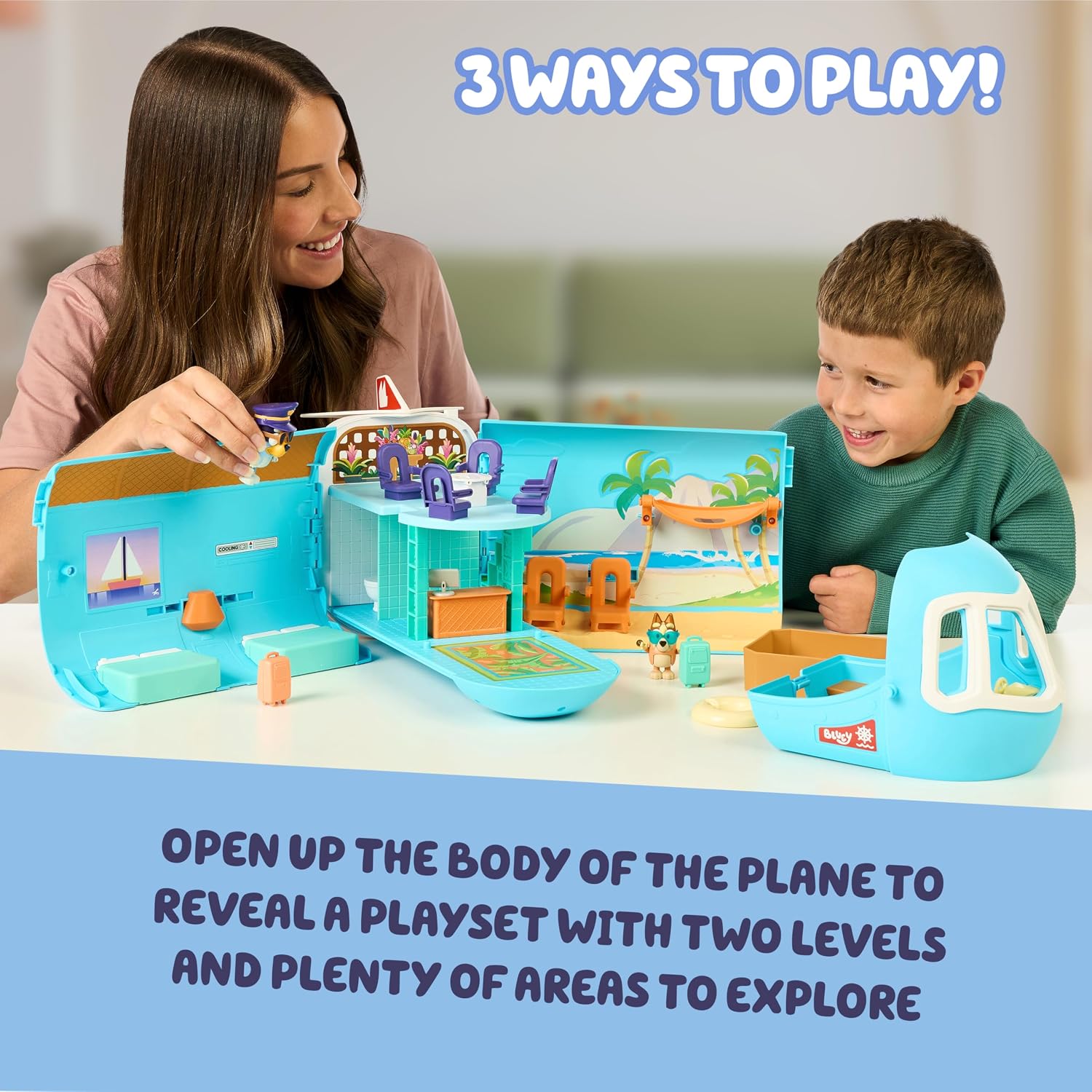 Detalle de Bluey 3-in-1 Transforming Airplane Playset with Resort, Boat, and Sounds