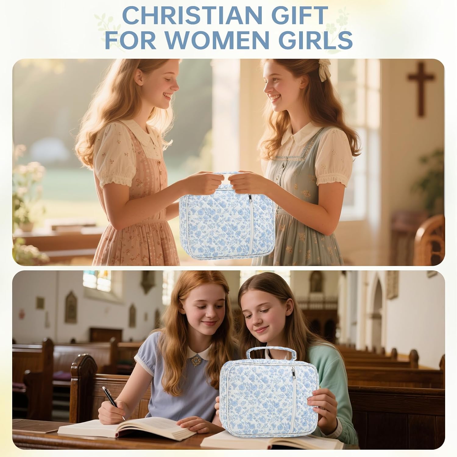 Thumbnail 6 de YKFLY Quilted Bible Cover with Handle, Zipper, and Blue Floral Cotton