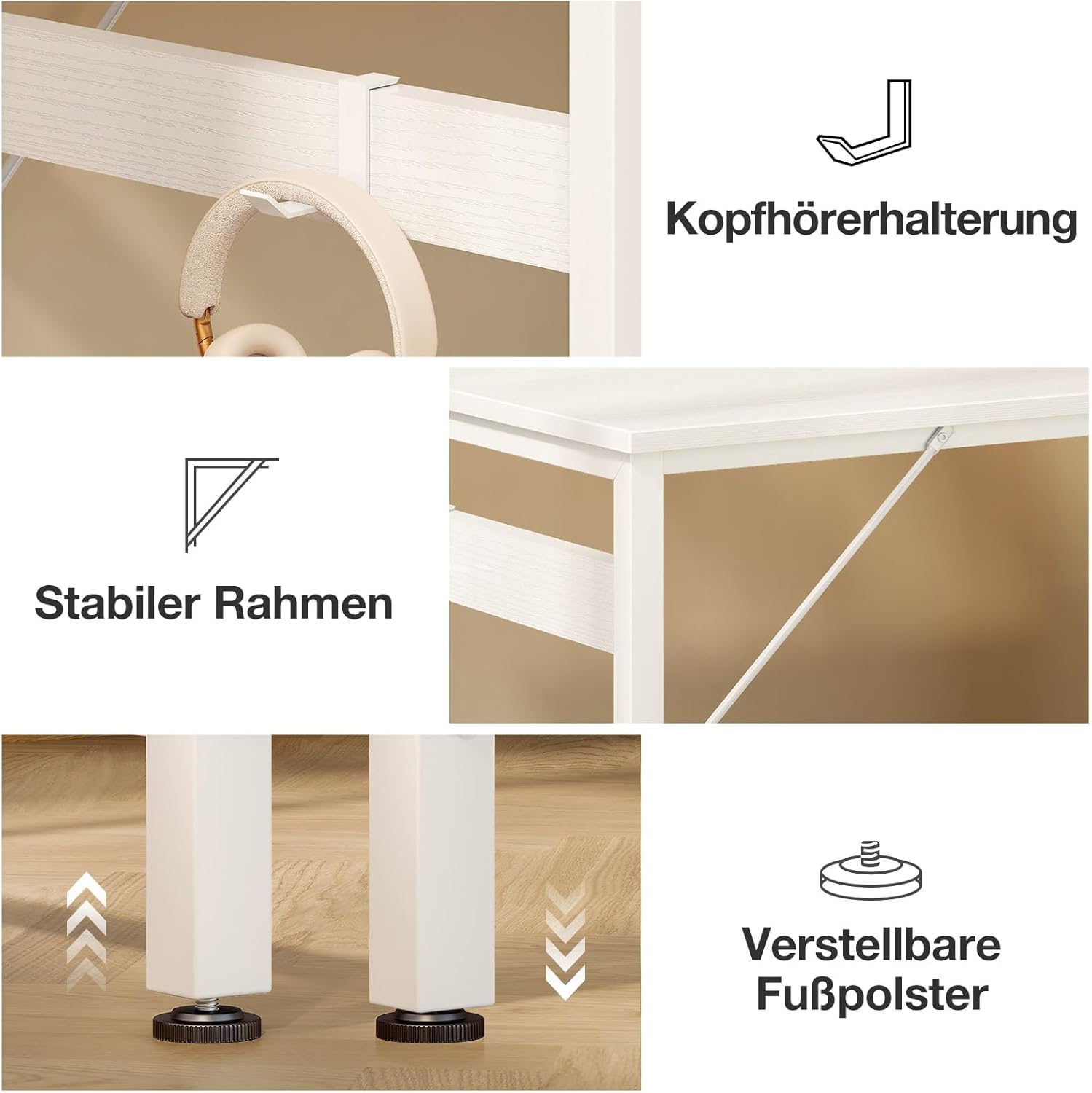 Detalle de ODK Kleiner Schreibtisch mit 4 Schubladen, 100x48x75,7 cm – umkehrbar & mit Kopfhörerhalter (weiß)