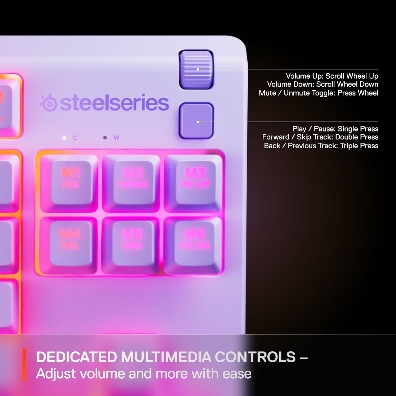 Detalle de SteelSeries Apex 3 TKL gaming keyboard (Silent) with 8-zone RGB, IP32 protection and American QWERTY, Lavender
