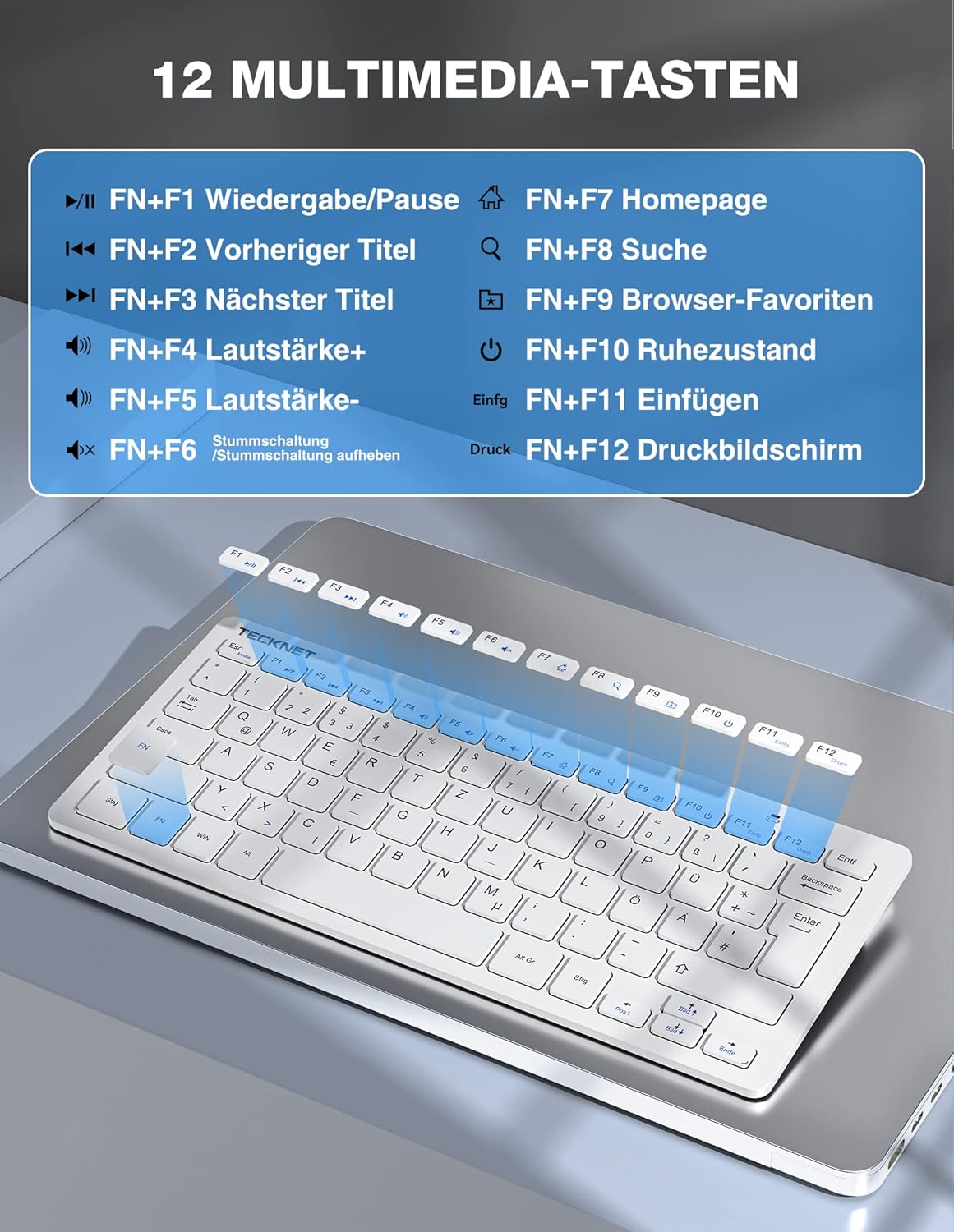 Thumbnail 4 de TECKNET Kabelloses Tastatur-Maus-Set, Deutsch QWERTZ, 2,4 GHz, 15 m Reichweite, Weiß